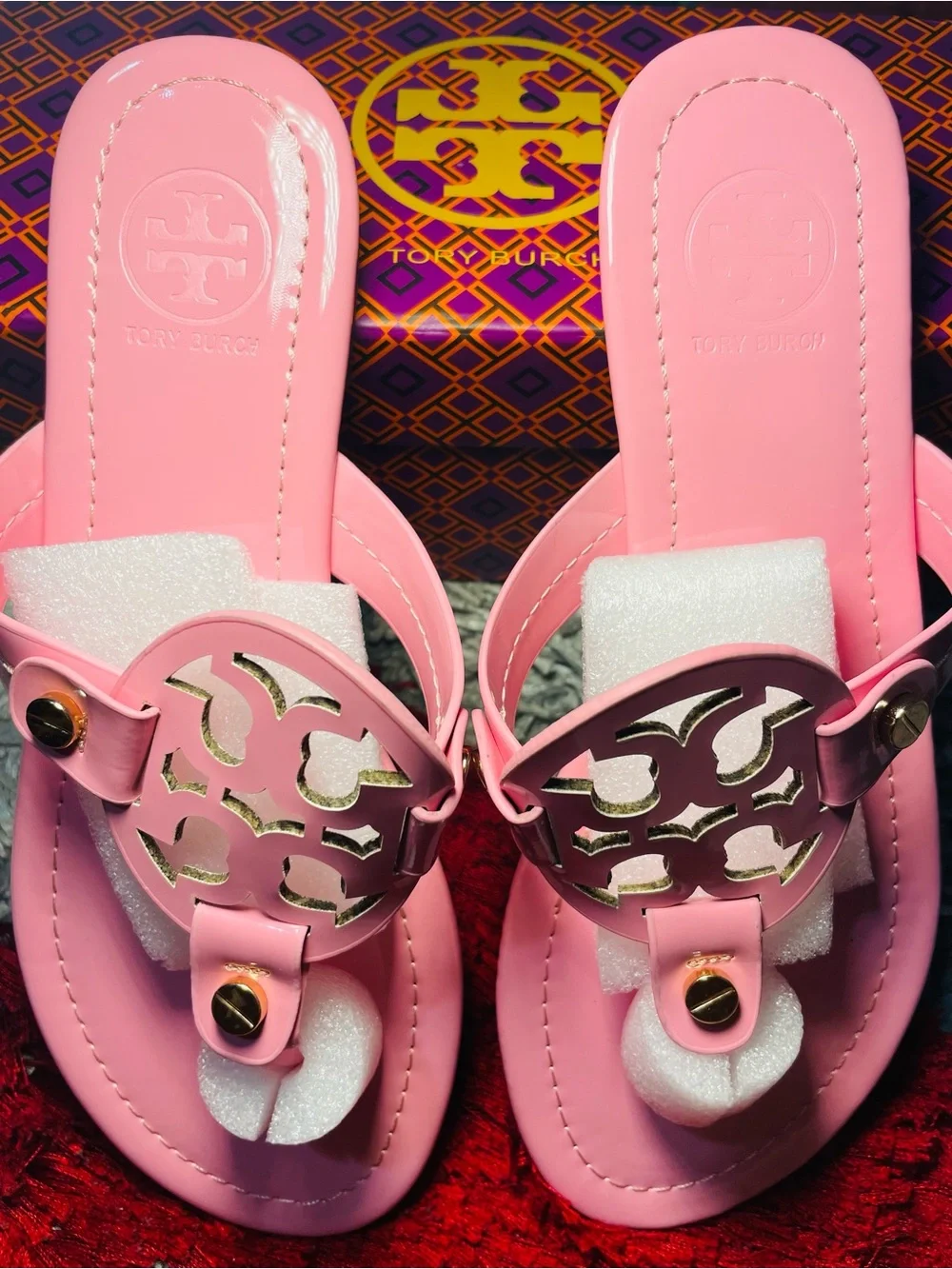 Tory Burch Pink Logo Jelly Thong Sandals with Gold Accent